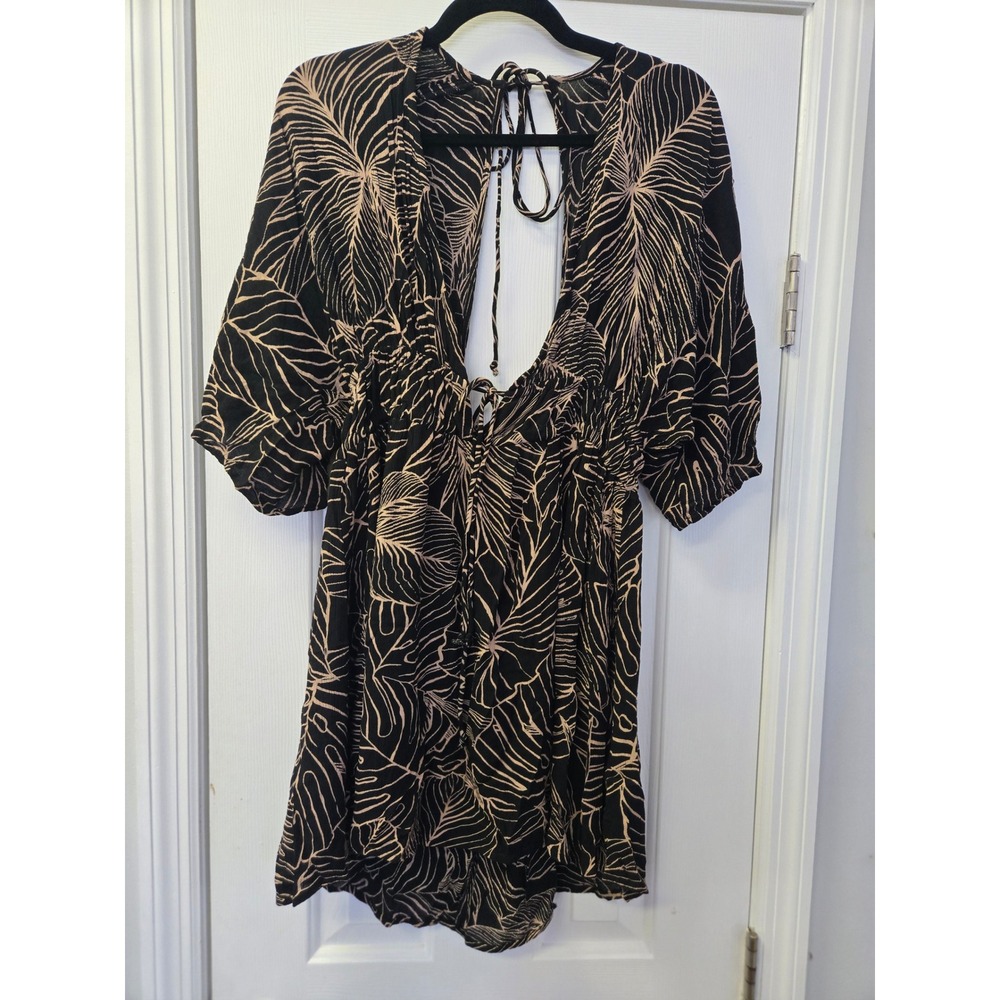 Elan Black Tan Palm Leaf Print Open Tie Back Smocked Mini Dress Large NEW L